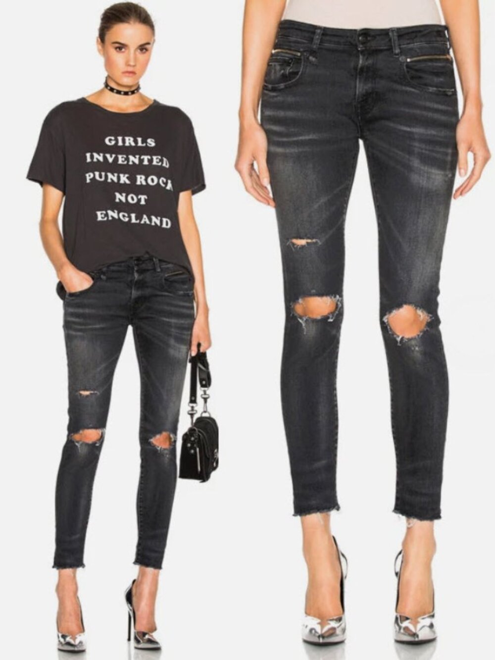 R13 Biker Boy Jeans Black Distressed Skinny Moto Size 24 Made In Italy